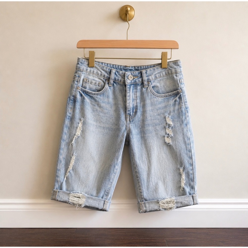 Distressed Denim Bermuda Shorts Light Wash Cuffed Ripped Jean Shorts Womens